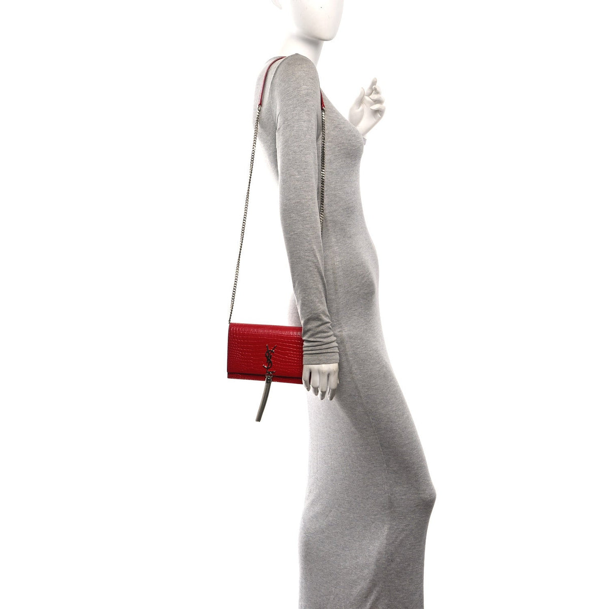 Calfskin Crocodile Embossed Kate Monogram Tassel Chain Wallet Rouge Eros