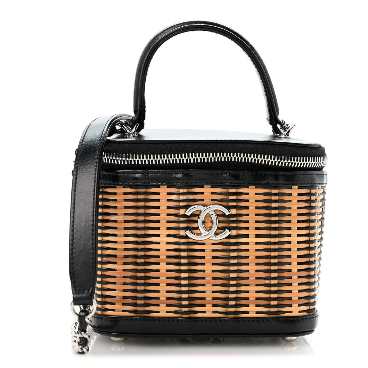 Calfskin Raffia Small Vanity Case Bag Black Beige