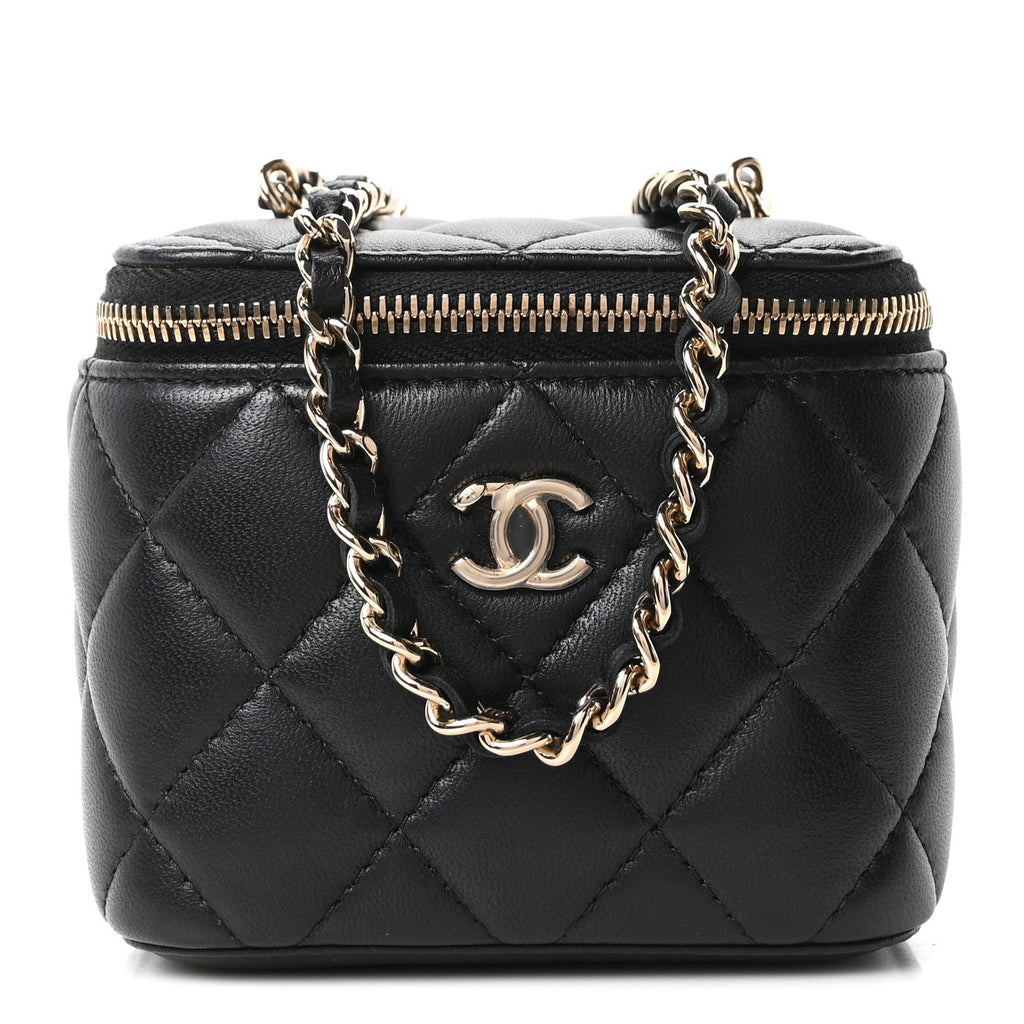 Lambskin Quilted Mini Enamel CC Pearl Crush Vanity Case With Chain  Black
