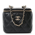 Lambskin Quilted Mini Enamel CC Pearl Crush Vanity Case With Chain  Black