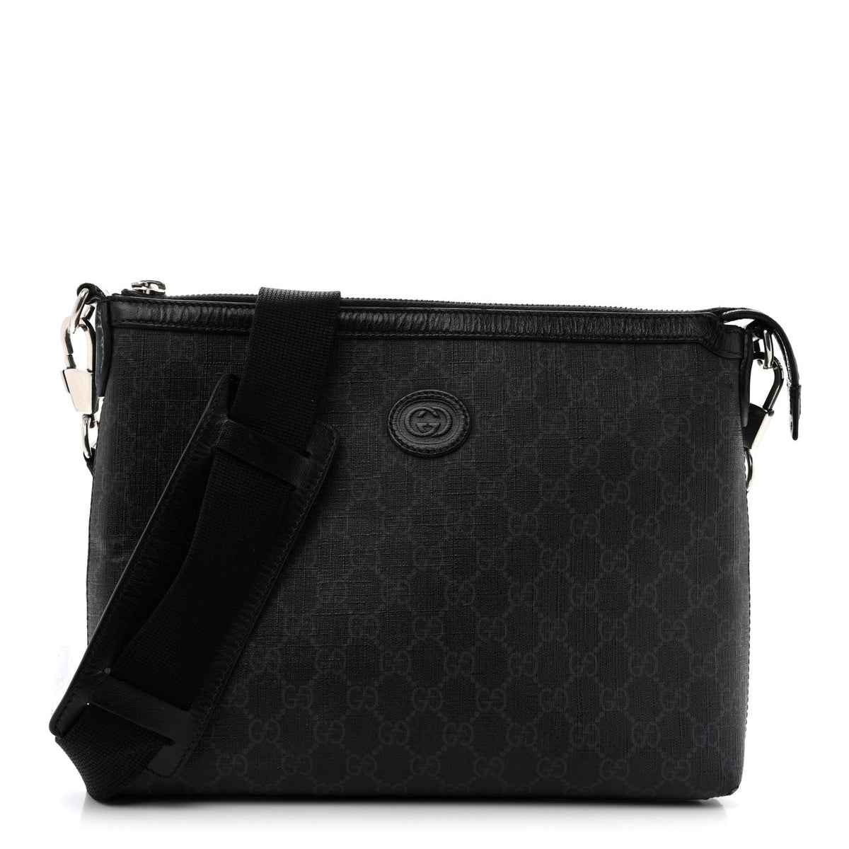 GG Supreme Monogram Azalea Calfskin Retro Interlocking G Wristlet Messenger Bag Black