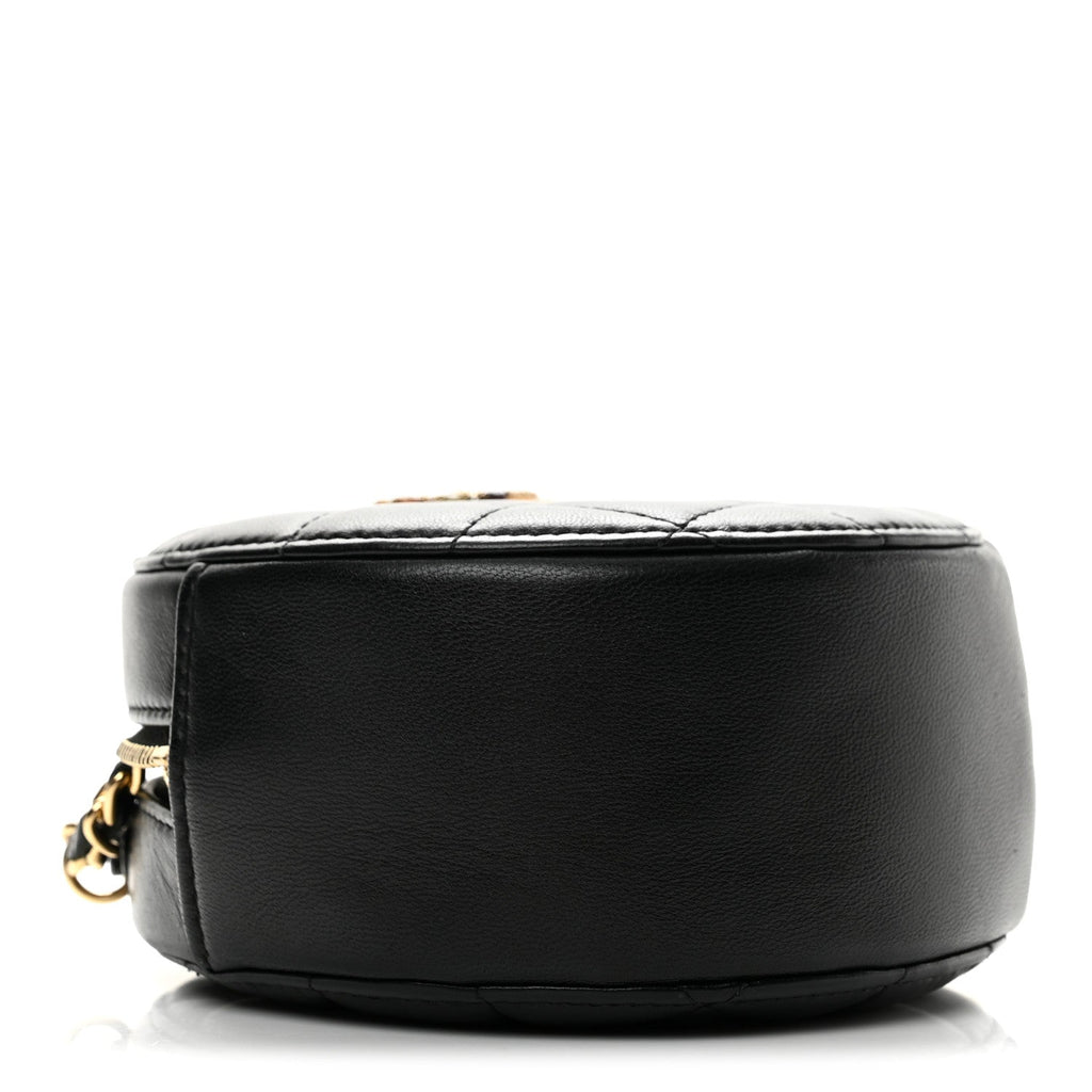Lambskin Quilted Zirconium Round Clutch With Chain Black