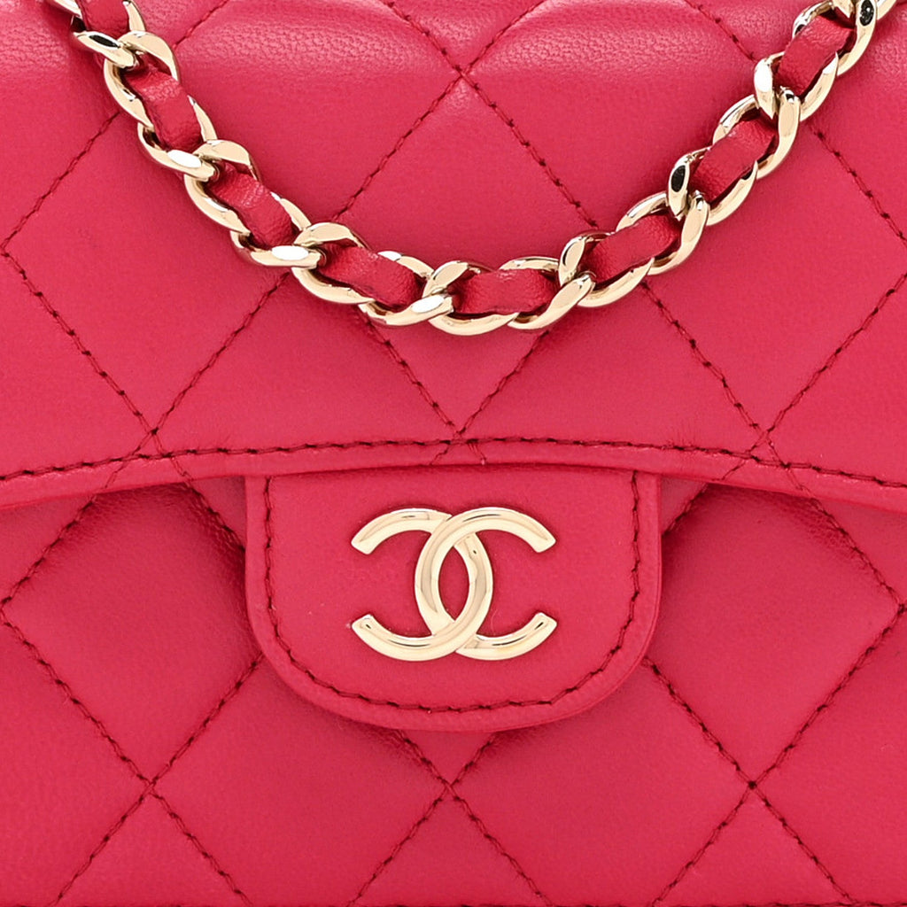 Lambskin Quilted Top Handle Flap Coin Purse With Chain Dark Pink