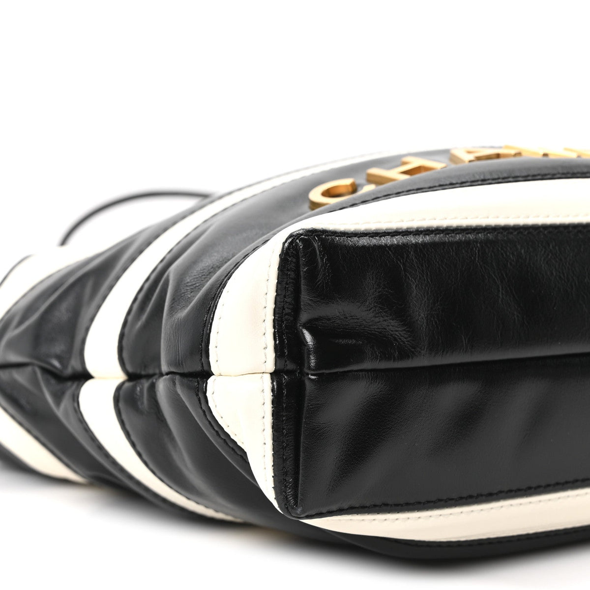 Shiny Calfskin Striped Mini Chanel 22 Black White