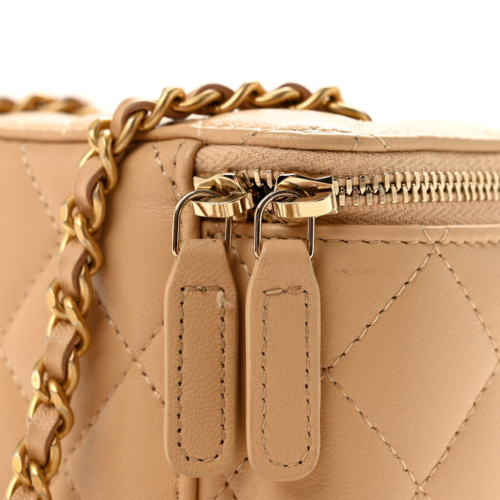Lambskin Quilted Pearl Crush Mini Vanity Case With Chain Beige
