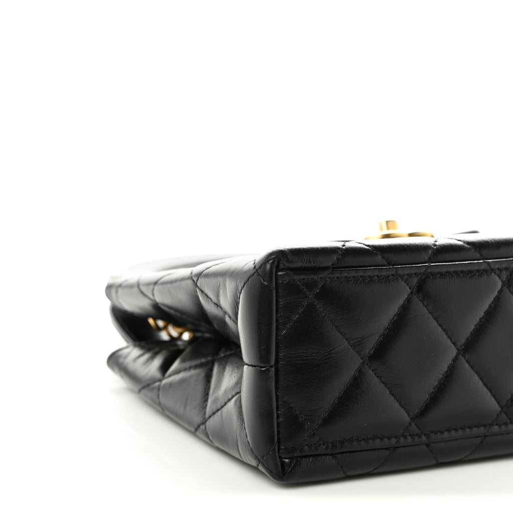 Shiny Aged Calfskin Quilted Nano Kelly Shopper Black