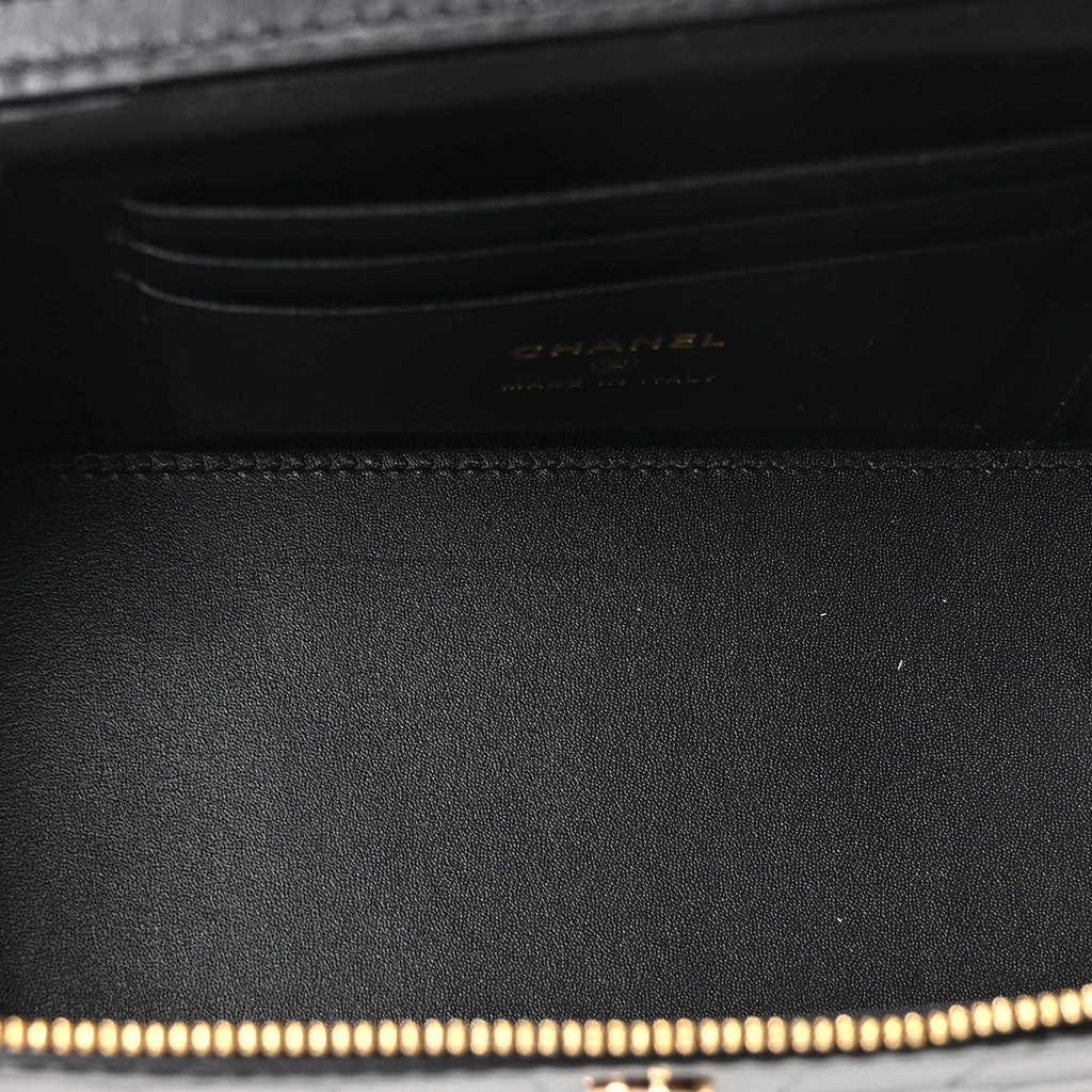 Calfskin Crocodile Embossed Crococo Small Top Handle Vanity Case With Chain Black