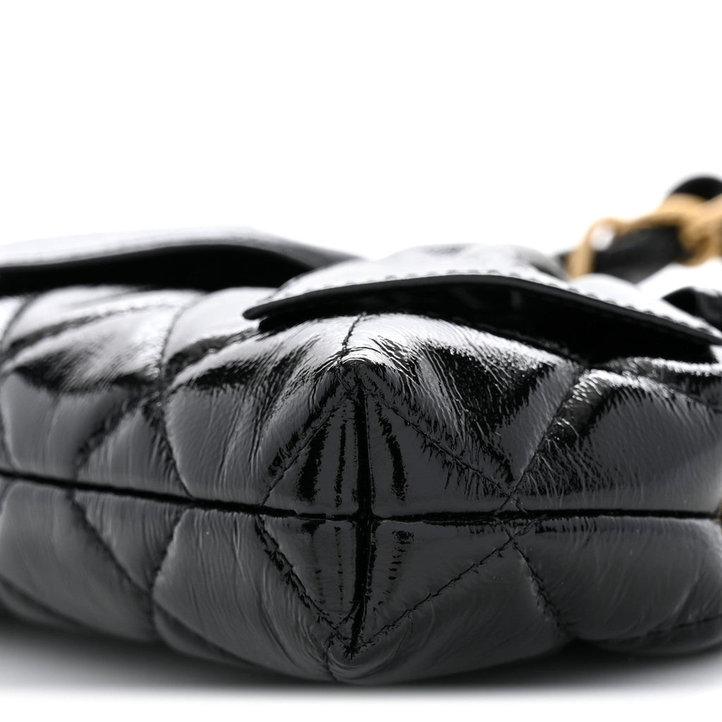Patent Crumpled Lambskin Quilted Maxi Bow Clutch With Chain Black