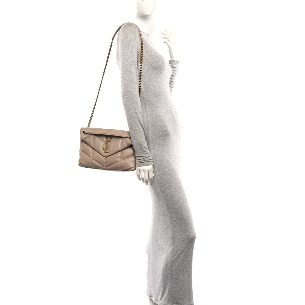 Lambskin Quilted Small Loulou Puffer Monogram Chain Satchel Dark Beige