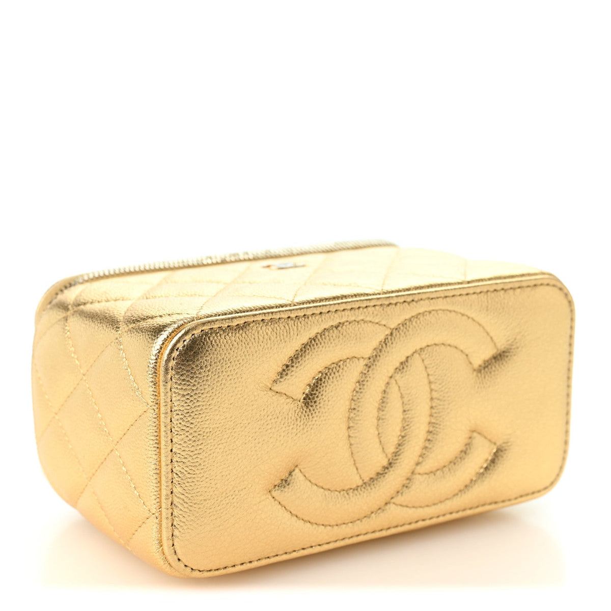 Metallic Caviar Quilted Small Vanity Case With Chain Gold