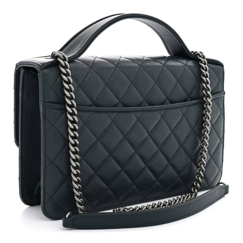 Goatskin Quilted Small CC University Top Handle Flap Dark Green