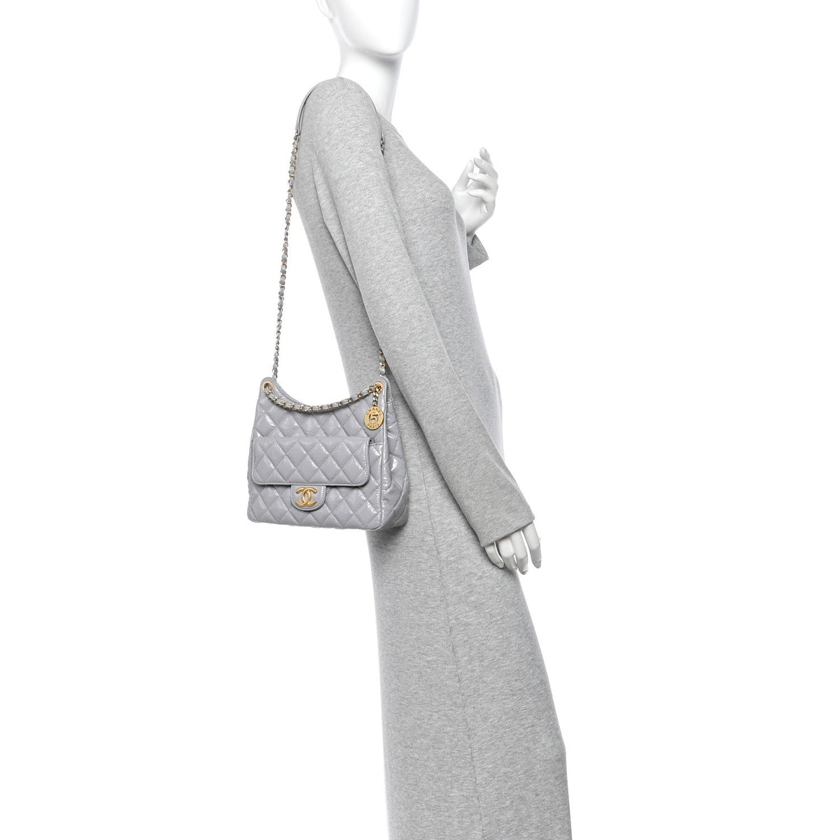 Shiny Crumpled Calfskin Quilted Wavy CC Hobo Grey