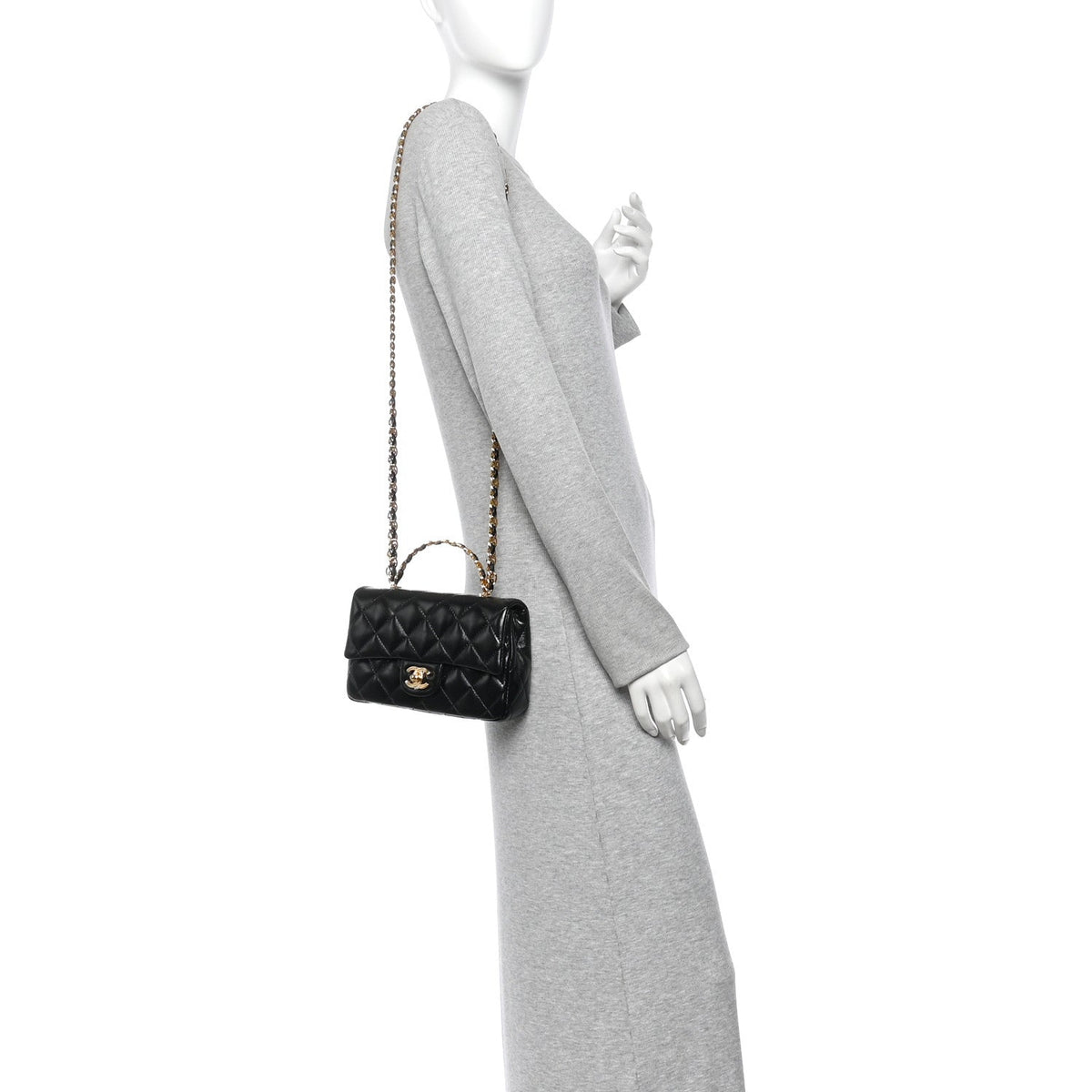 Shiny Lambskin Quilted Golden Links Top Handle Flap Black