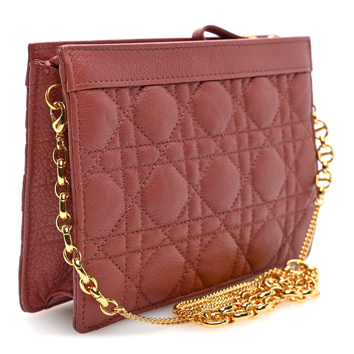 Calfskin Cannage Caro Zipped Pouch With Chain Rust