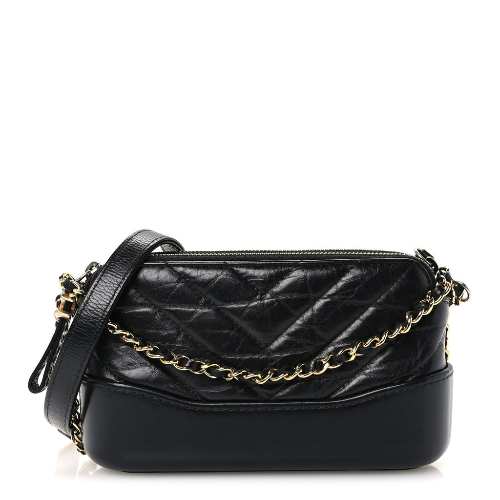 Aged Calfskin Chevron Quilted Small Gabrielle Clutch With Chain Black