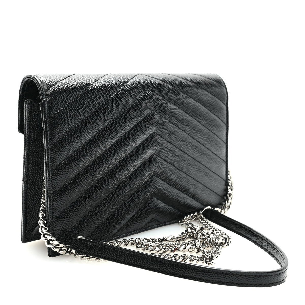Grain De Poudre Matelasse Chevron Monogram Envelope Chain Wallet Black