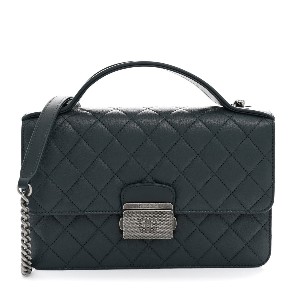 Goatskin Quilted Small CC University Top Handle Flap Dark Green
