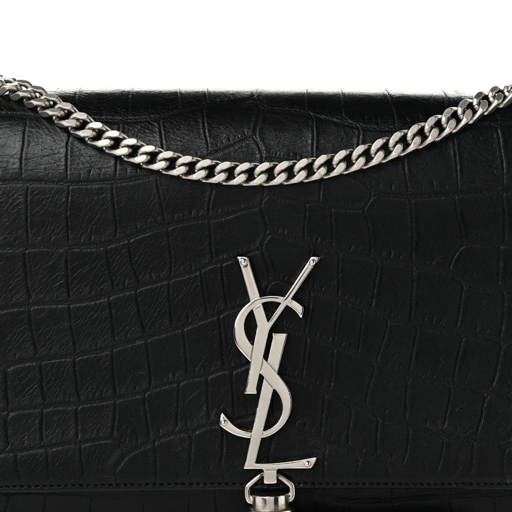 Calfskin Crocodile Embossed Medium Classic Monogram Kate Tassel Satchel Black
