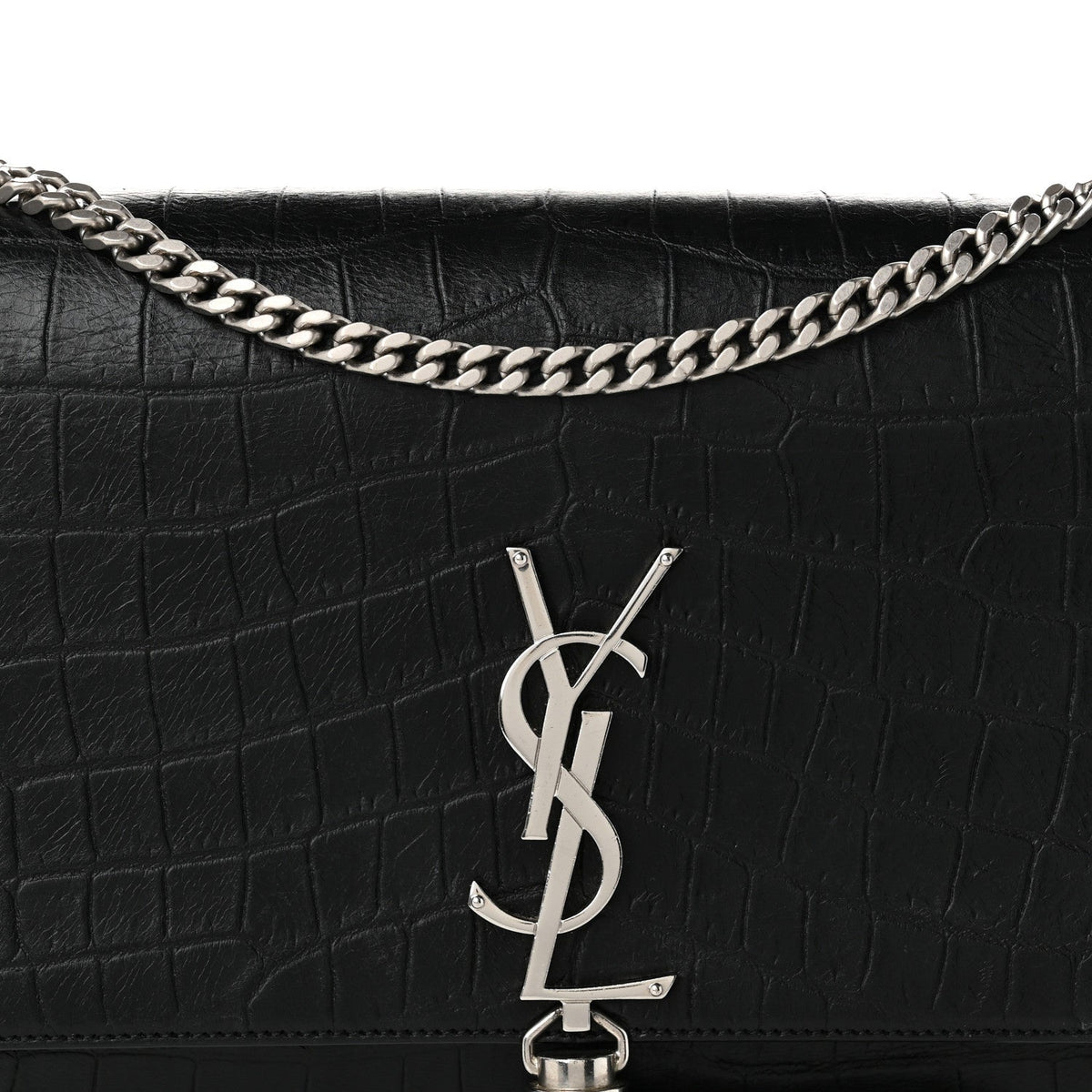 Calfskin Crocodile Embossed Medium Classic Monogram Kate Tassel Satchel Black