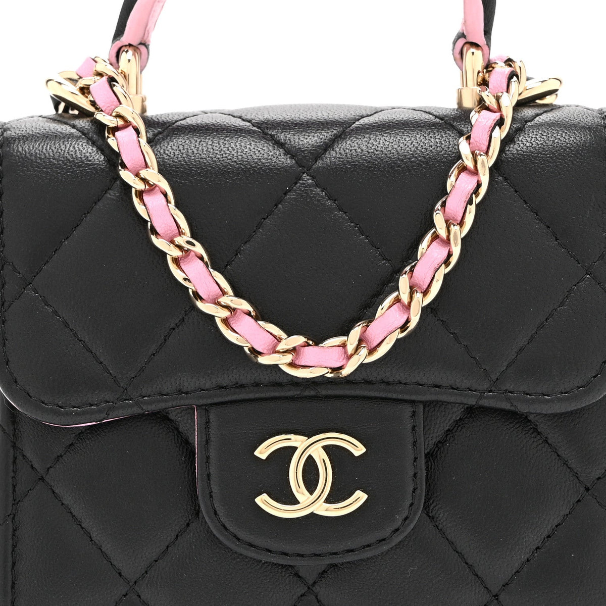 Lambskin Quilted Bi-Color Top Handle Clutch With Chain Black Pink