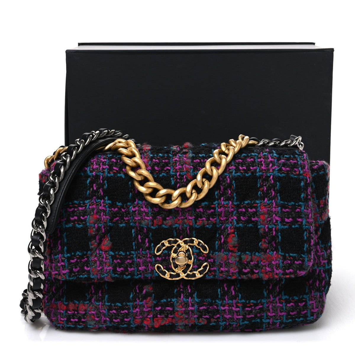 Tweed Quilted Medium Chanel 19 Flap Black Blue Purple