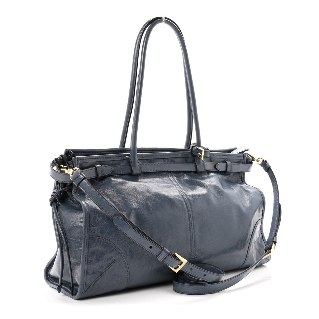 Glossy Calfskin Triangle Large Bonnie Shoulder Bag Air Force Blue