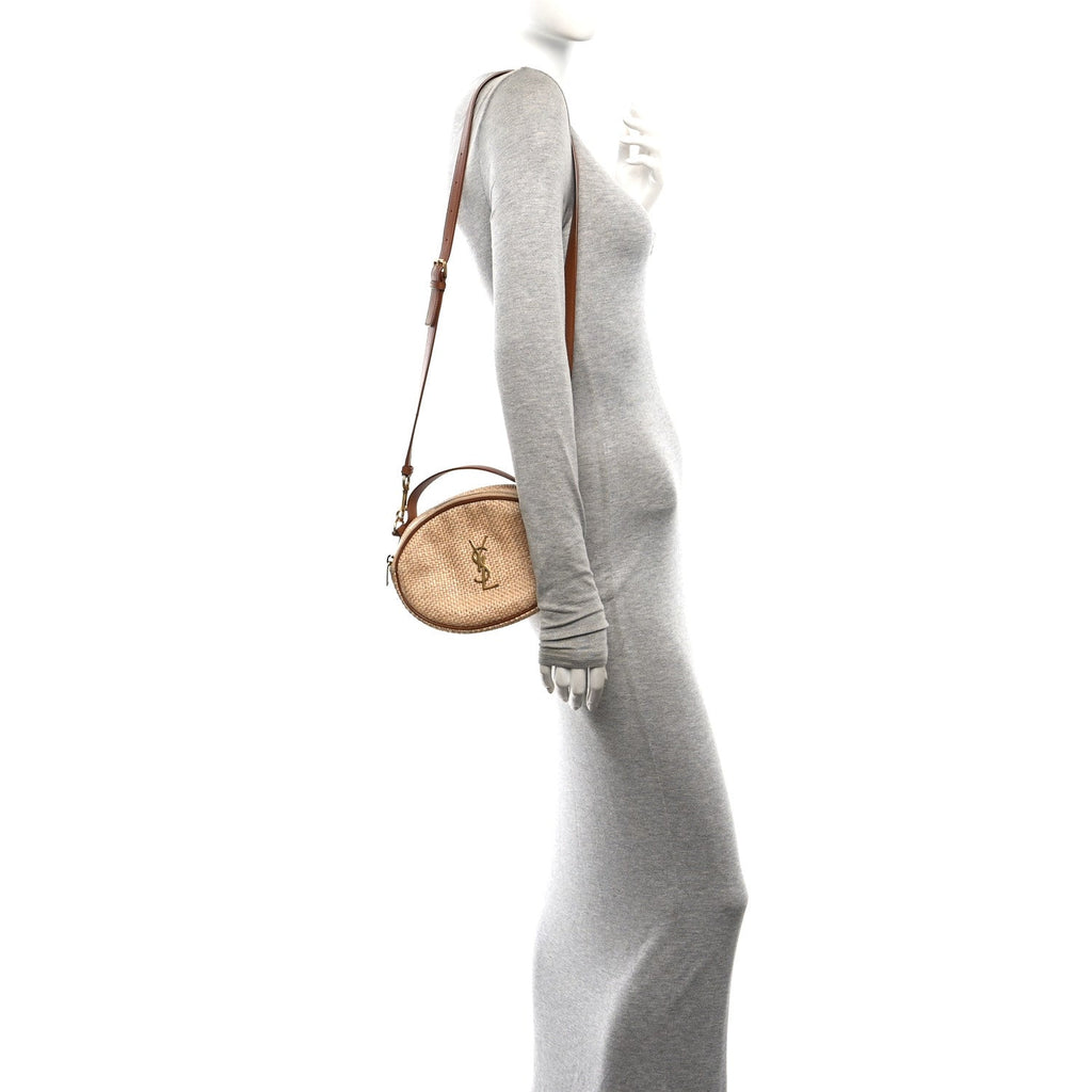 Raffia Calfskin Round Camera Bag Golden Ecru Brick