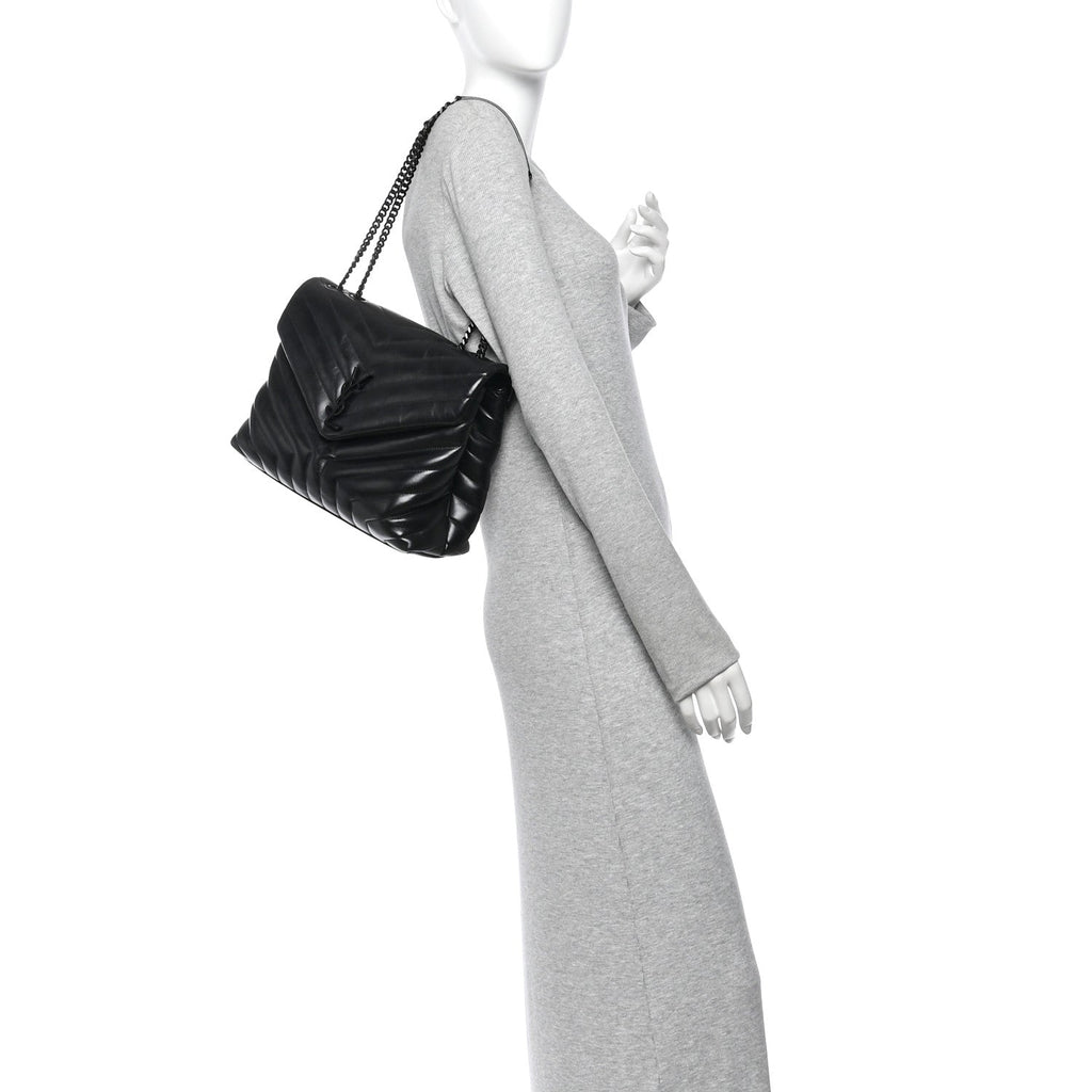 Calfskin Y Quilted Monogram Monochrome Medium Loulou Chain Satchel Black