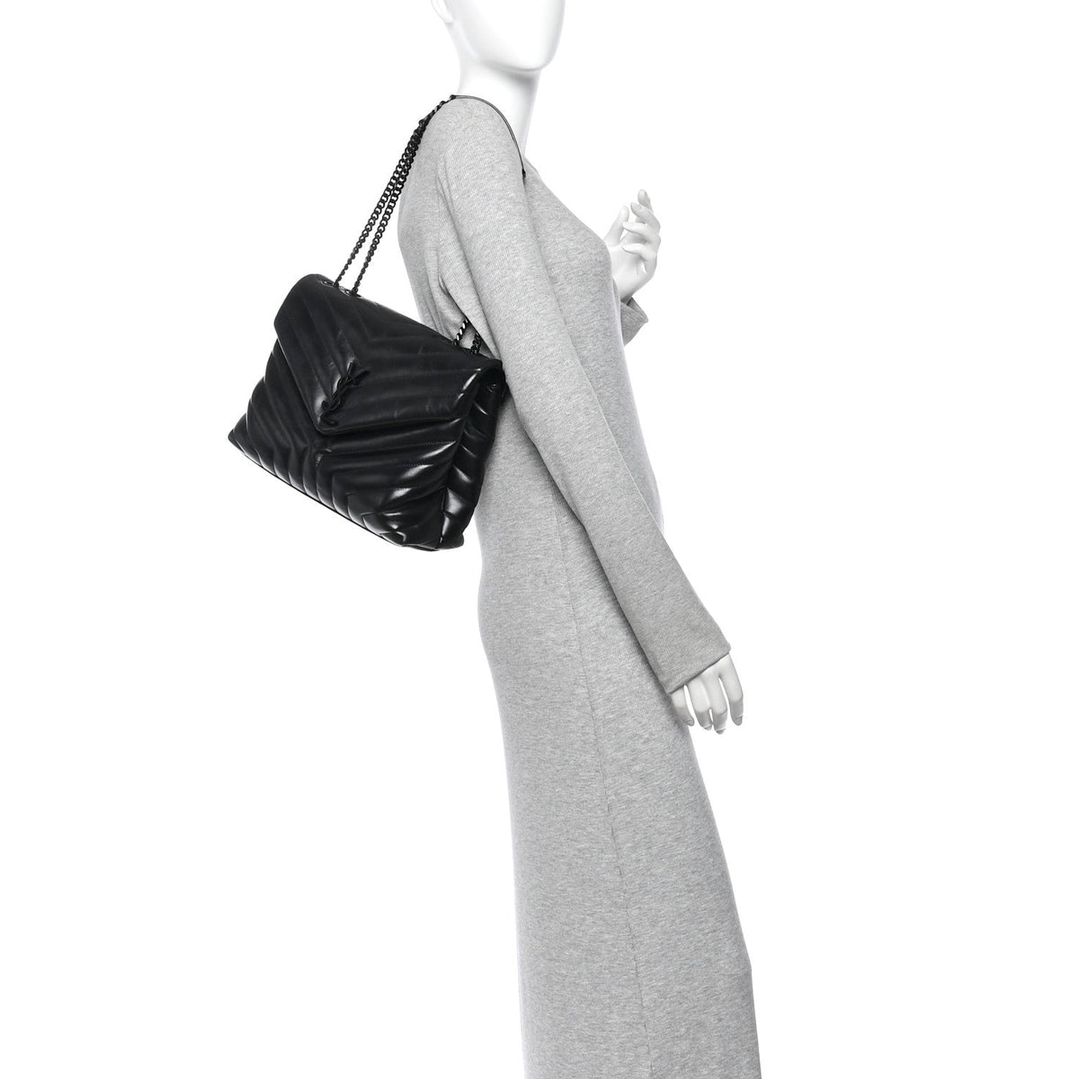 Calfskin Y Quilted Monogram Monochrome Medium Loulou Chain Satchel Black