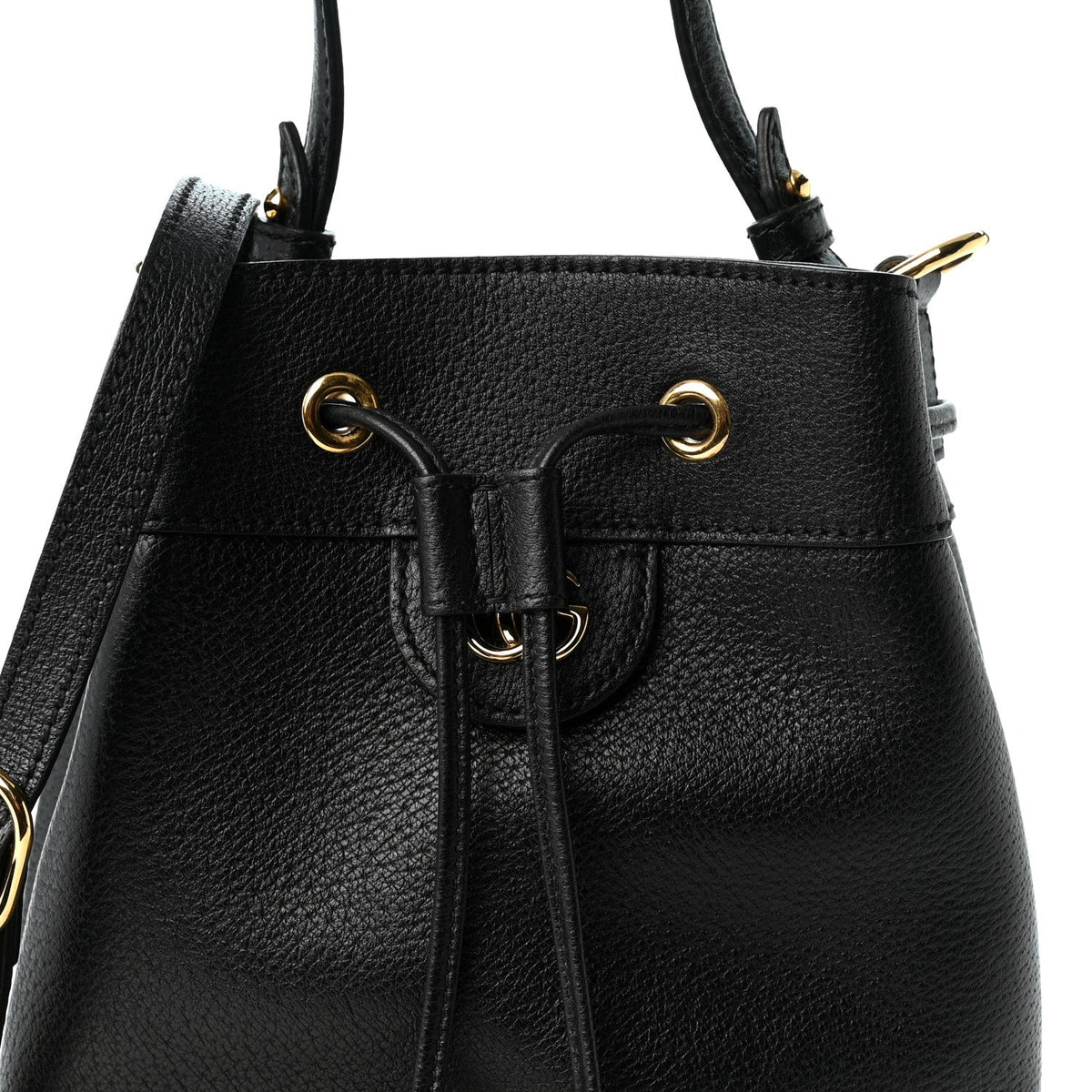 Glazed Textured Calfskin Web Small Ophidia Bucket Bag Black