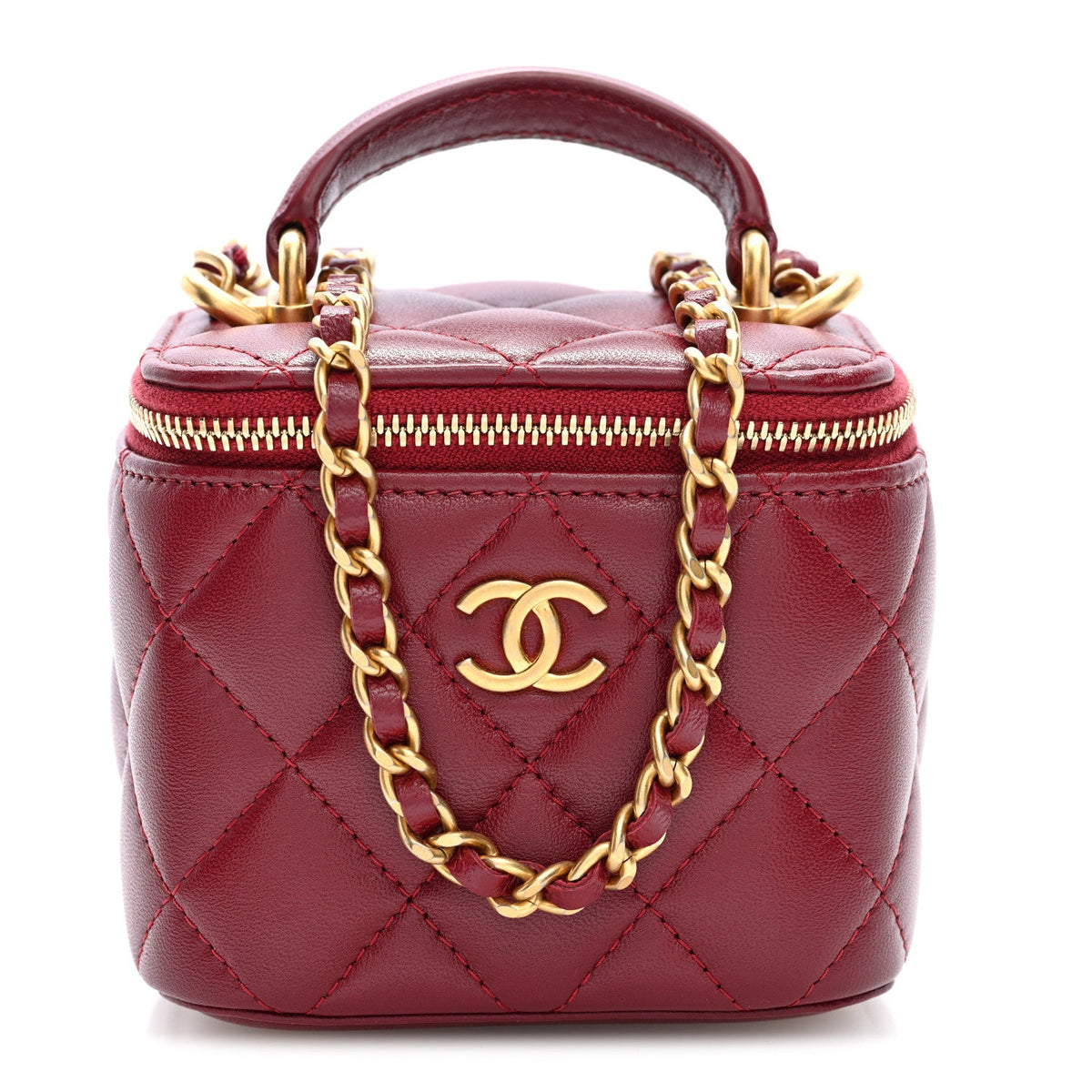 Lambskin Quilted Mini Top Handle Vanity Case With Chain Burgundy