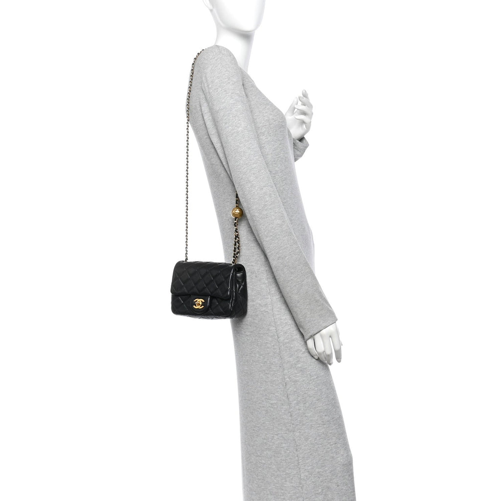 Lambskin Quilted Mini Pearl Crush Flap Black