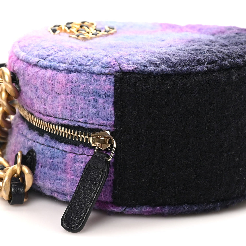 Wool Tweed Chanel 19 Round Clutch With Chain Purple Black Blue