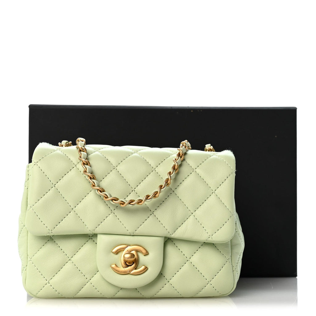 Lambskin Quilted Mini Pearl Crush Flap Light Green