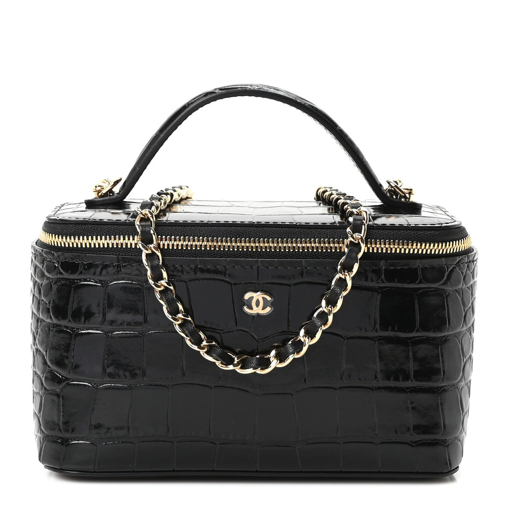 Calfskin Crocodile Embossed Crococo Small Top Handle Vanity Case With Chain Black