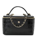 Calfskin Crocodile Embossed Crococo Small Top Handle Vanity Case With Chain Black
