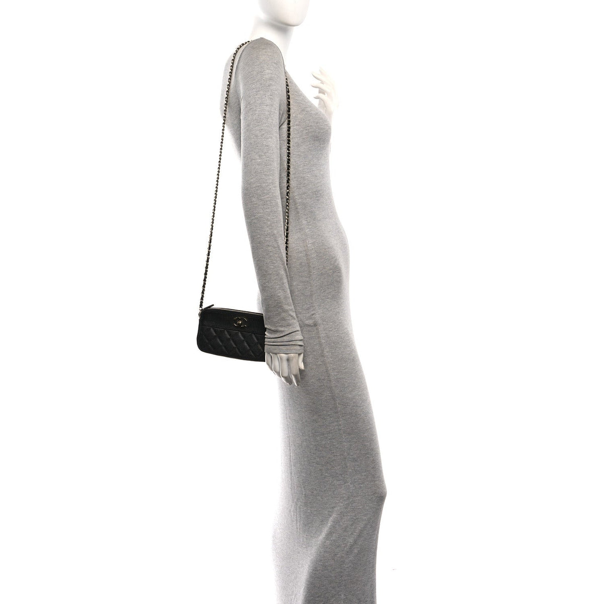 Caviar Quilted Zipped Phone Holder With Chain Black
