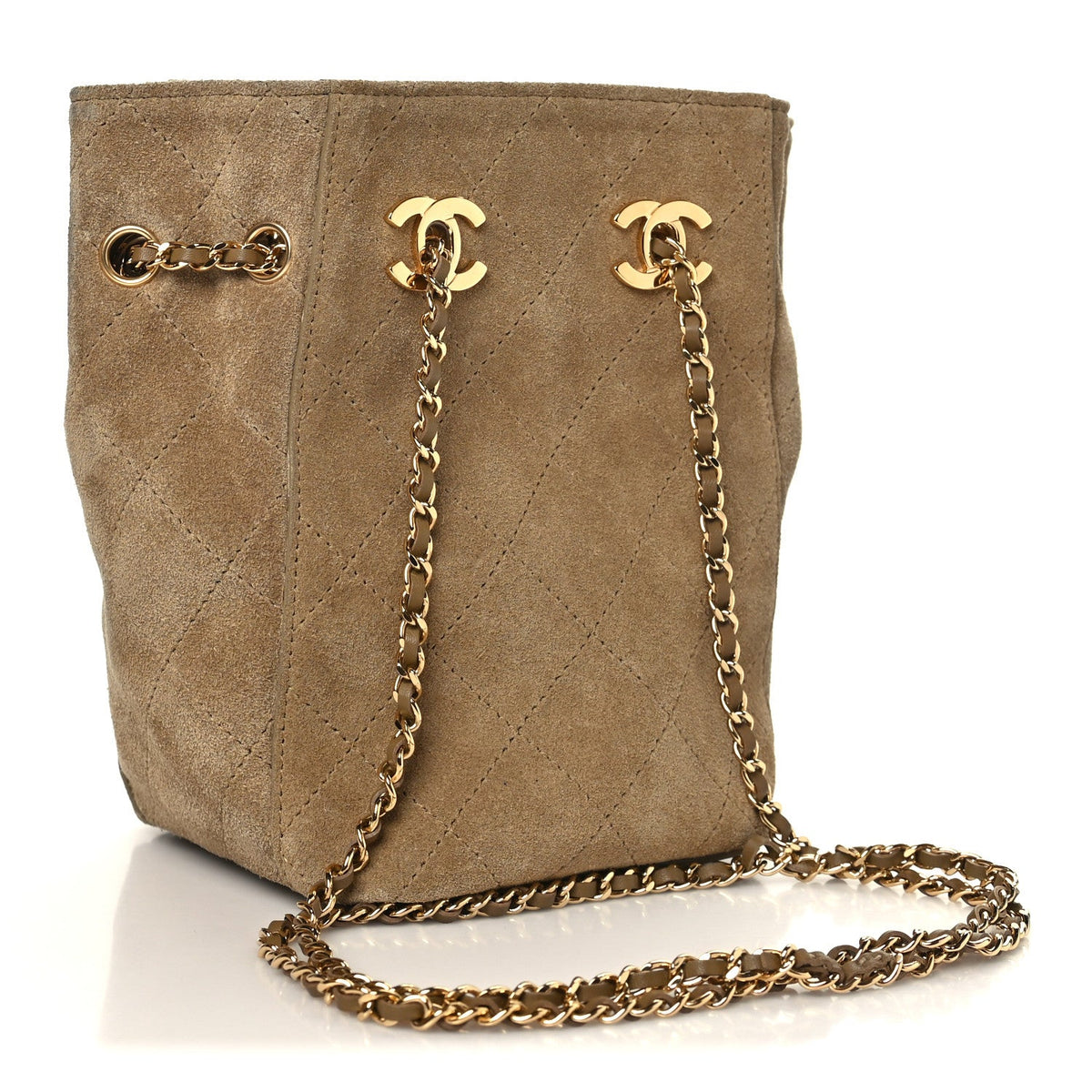 Suede Calfskin Quilted Mini Bucket Bag With Chain Dark Beige