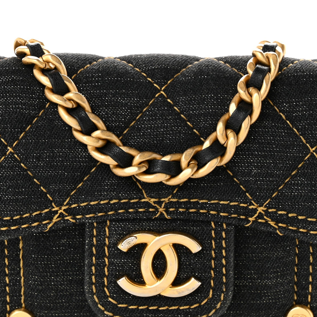 Denim Quilted Double You Card Holder On Chain Black Golden