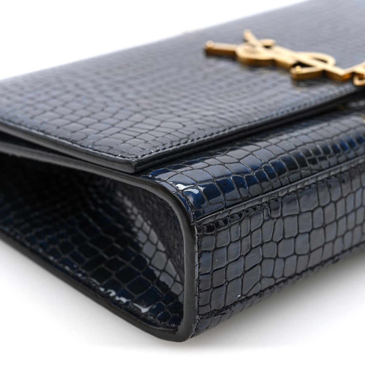 Calfskin Crocodile Embossed Medium Classic Monogram Kate Tassel Satchel Black Blue