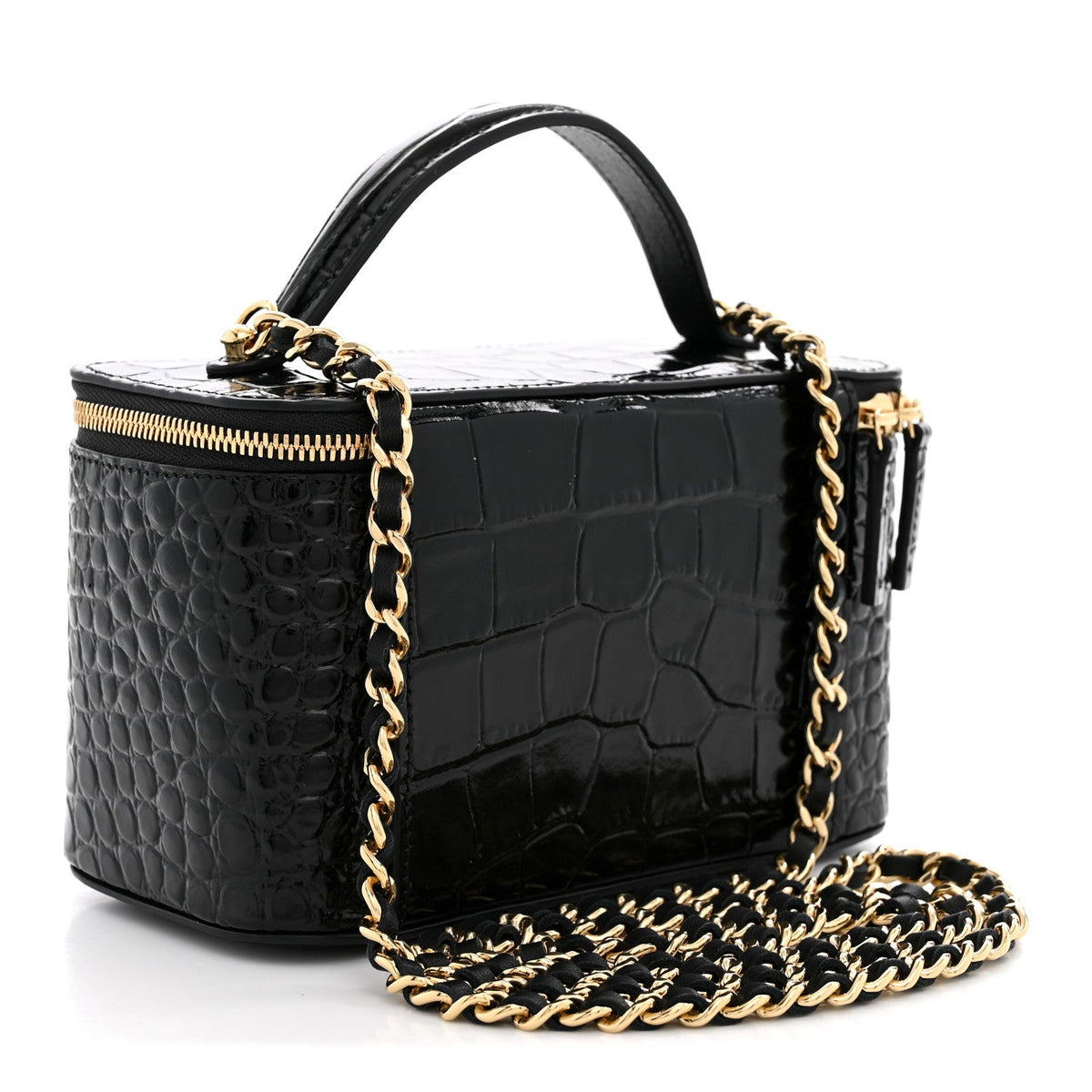 Calfskin Crocodile Embossed Crococo Small Top Handle Vanity Case With Chain Black