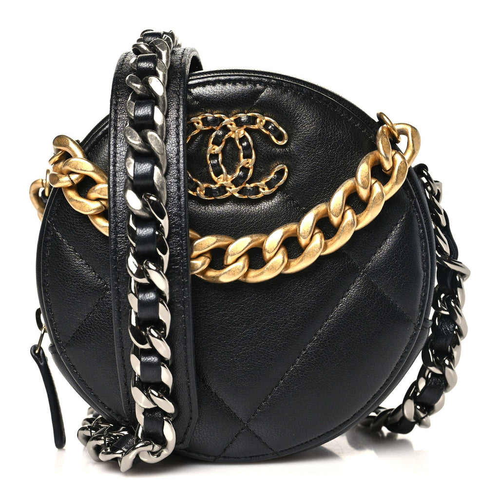 Lambskin Quilted Chanel 19 Round Clutch With Chain Black