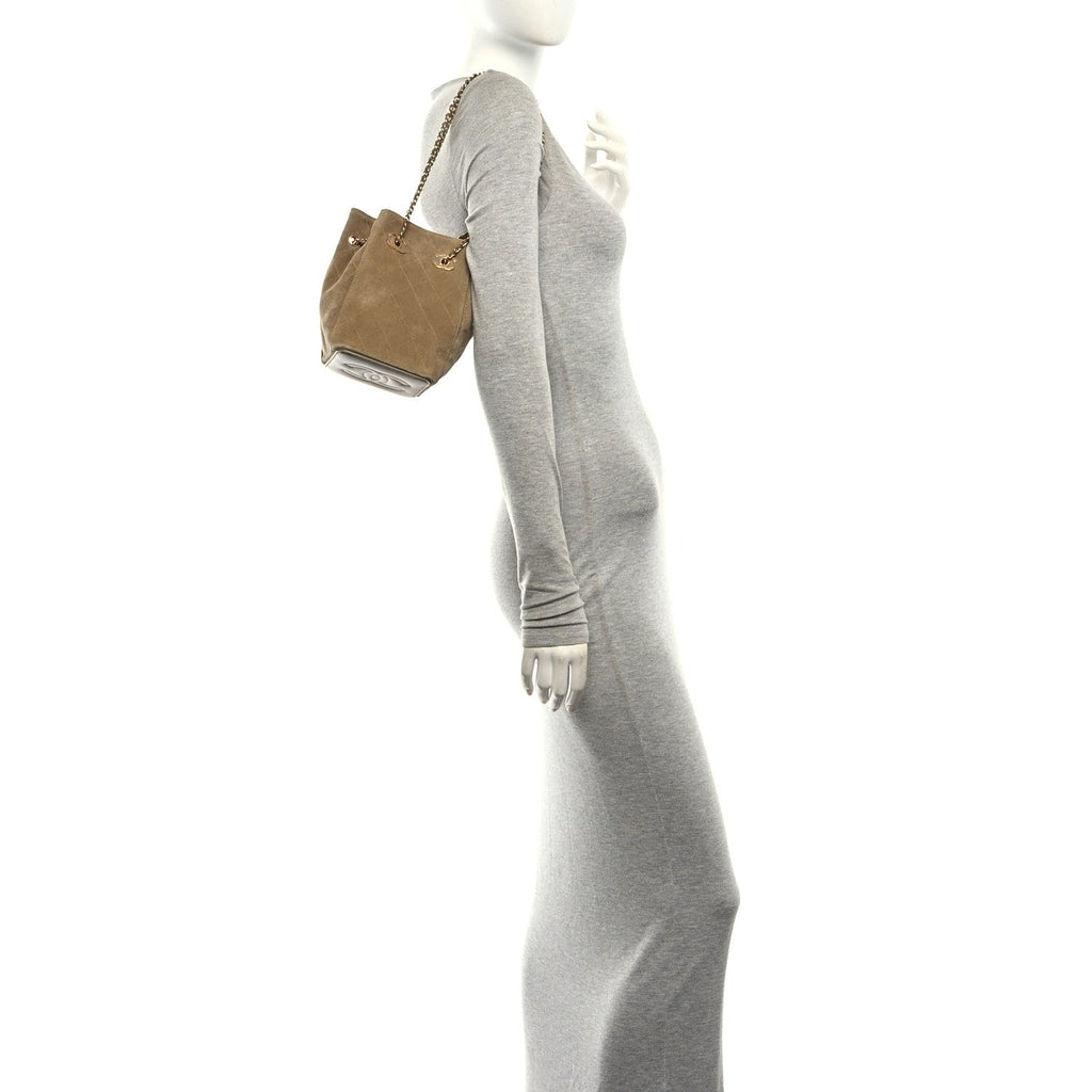 Suede Calfskin Quilted Mini Bucket Bag With Chain Dark Beige