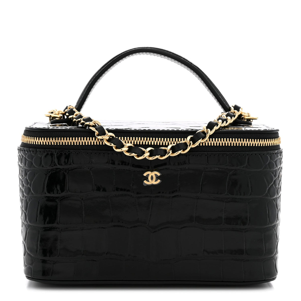 Calfskin Crocodile Embossed Crococo Small Top Handle Vanity Case With Chain Black