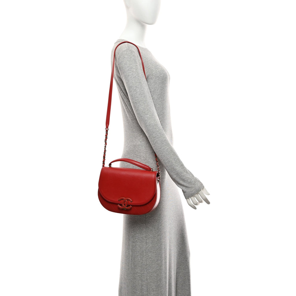 Shiny Calfskin Goatskin Quilted Small Coco Curve Messenger Flap Red
