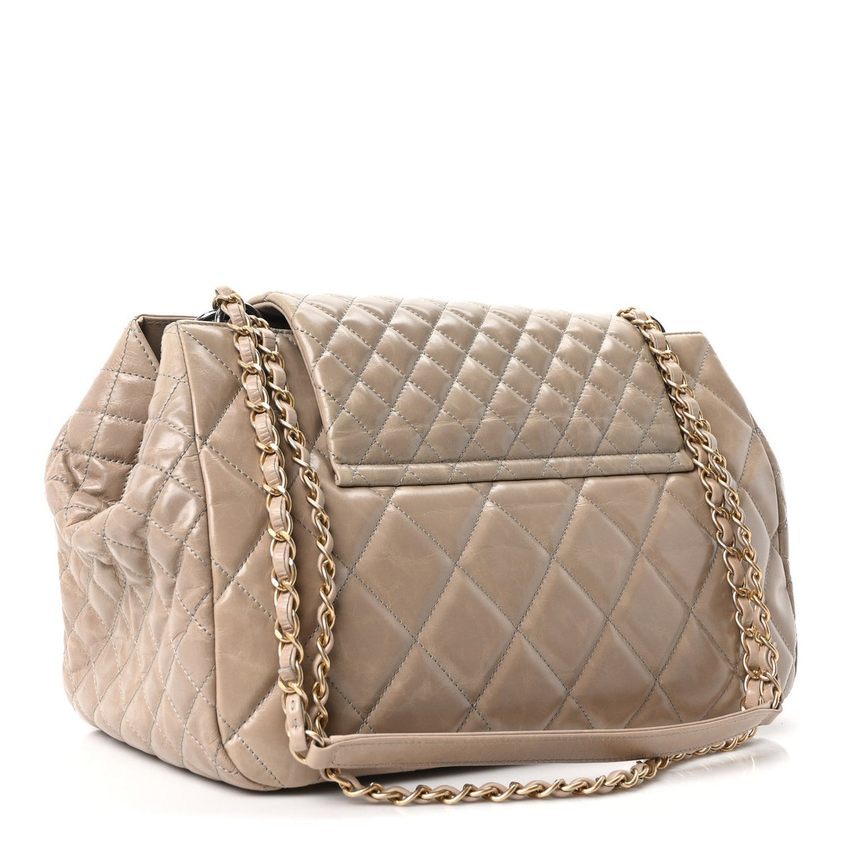 Glazed Calfskin Quilted Large Daily Walk Flap Beige