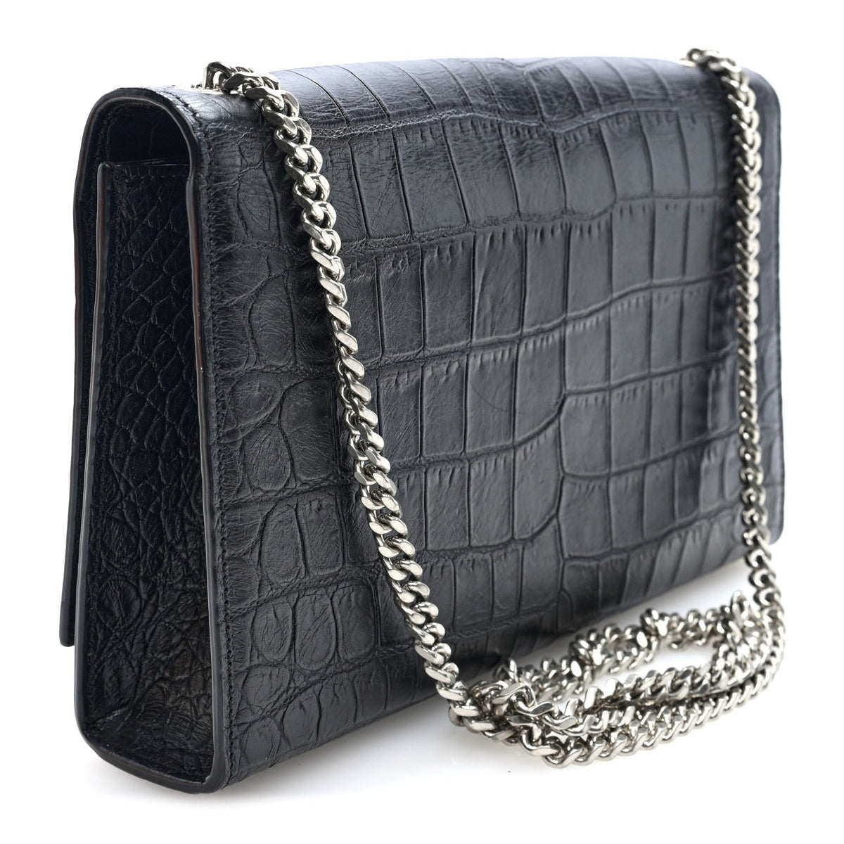 Calfskin Crocodile Embossed Medium Classic Monogram Kate Tassel Satchel Black