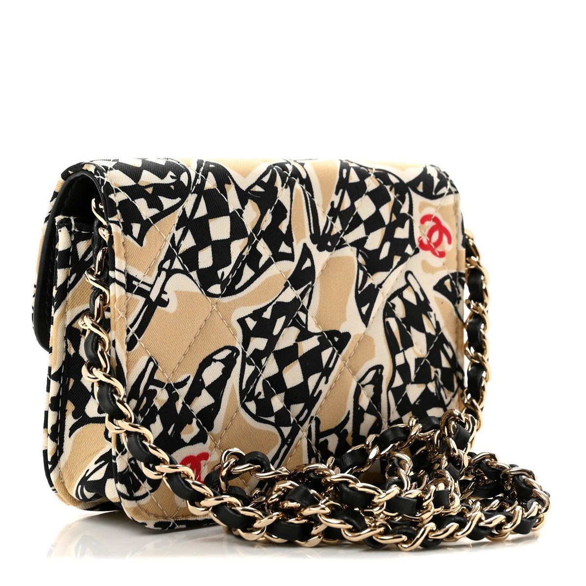 Canvas Check Flag Printed CC Clutch With Chain Beige Multicolor