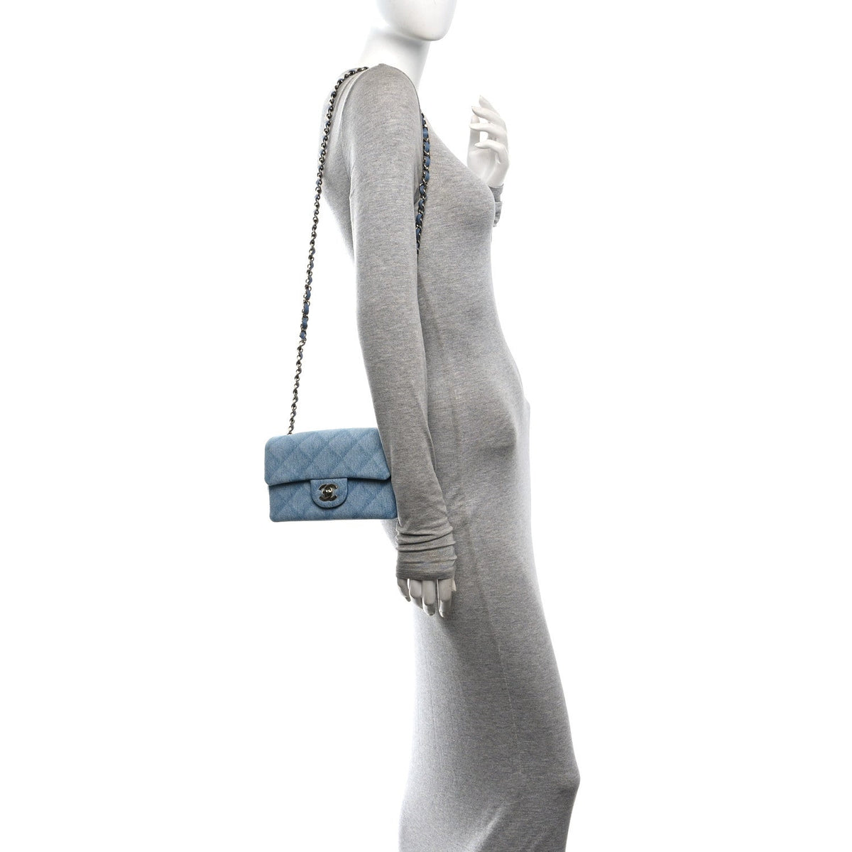 Printed Denim Quilted Mini Rectangular Flap Light Blue