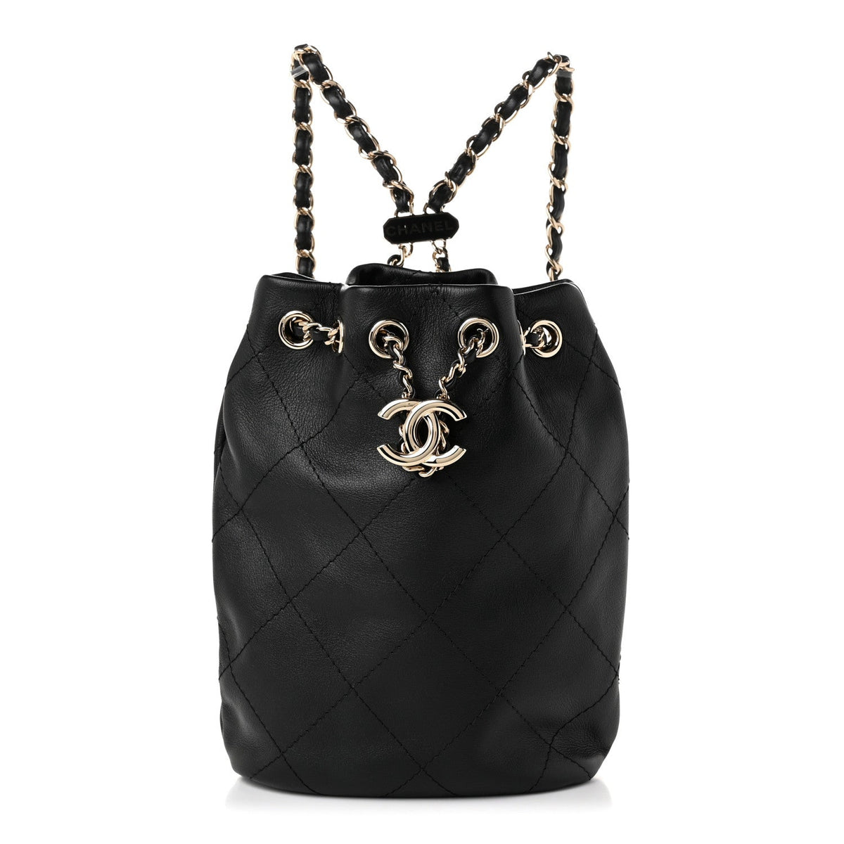Calfskin Quilted Drawstring Backpack Black
